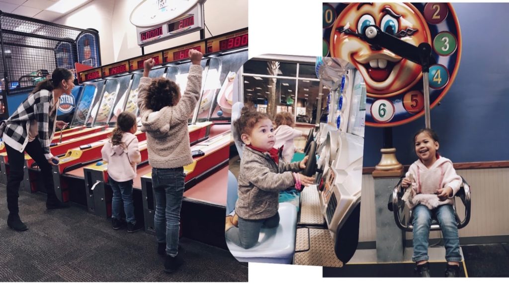 Collage of family playing at Chuck E. CHeese