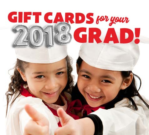"Gift Cards for your 2018 Grad!" Two kids in white graduation gowns giving thumbs up