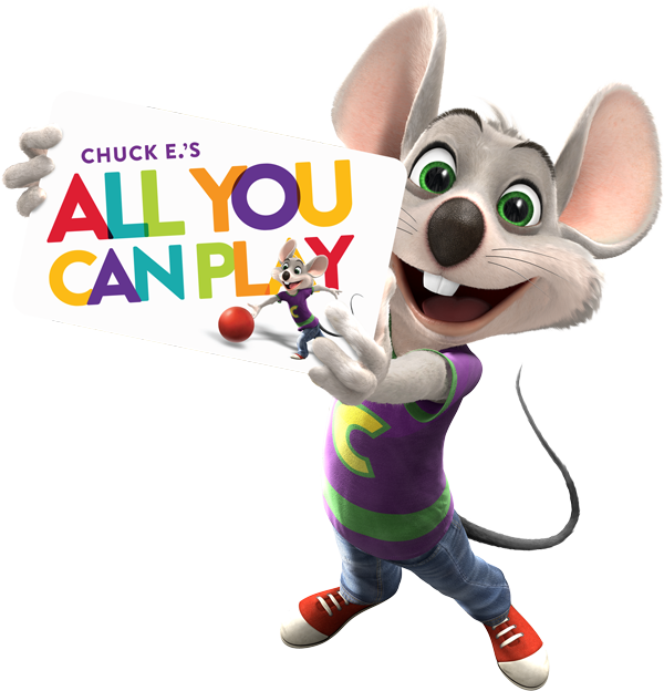 Chuck E. Cheese holding All You Can Play card