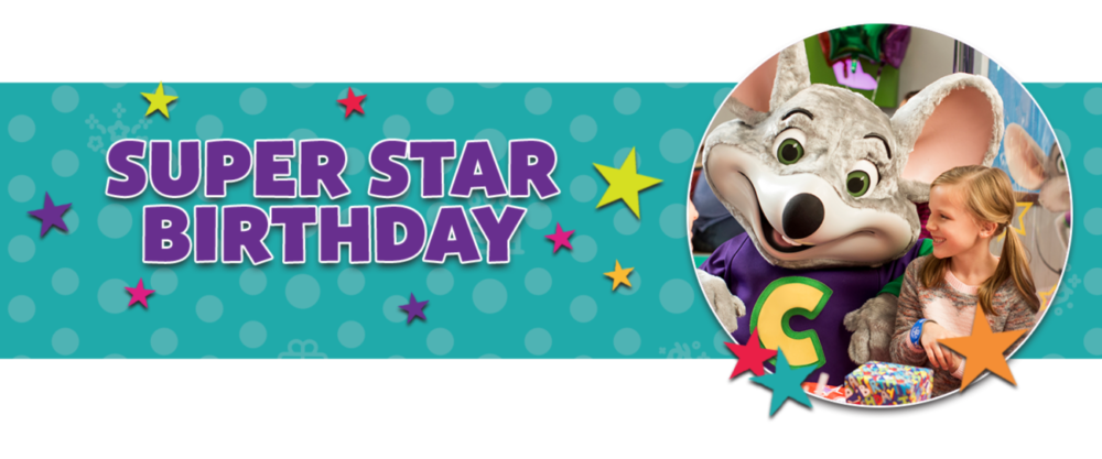 Super Star Birthday, with a picture of Chuck E. and a kid smiling surrounded by yellow, purple and red stars