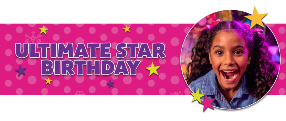Ultimate star birthday with a picture of an excited kid surrounded by yellow, purple and pink stars