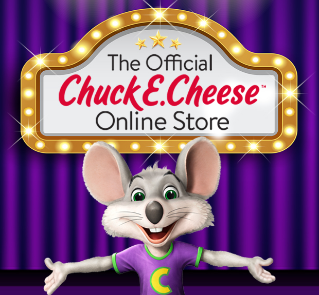 Chuck E. cheese opening arms and smiling with text that reads 
