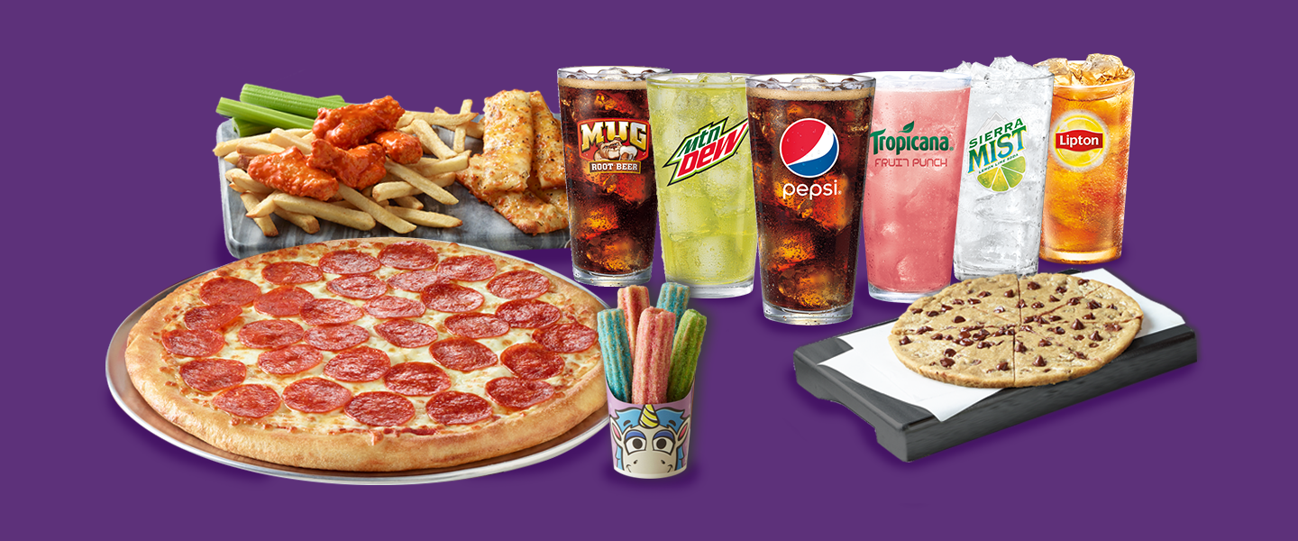 Pizza, wings, fries, desserts and soft drinks