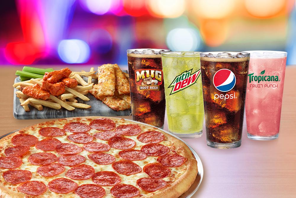 Chuck E Cheese Pepperoni Pizza with french fries, wings, and drinks banner