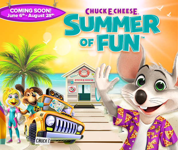 Chuck E. cheese waiving on a tropical beach with text that reads 