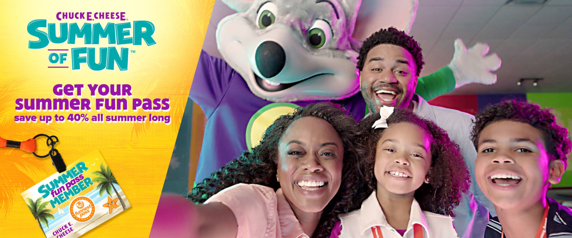 Chuck e Cheese Summer of Fun Get Your Summer Fun Pass save up to 40% all summer long