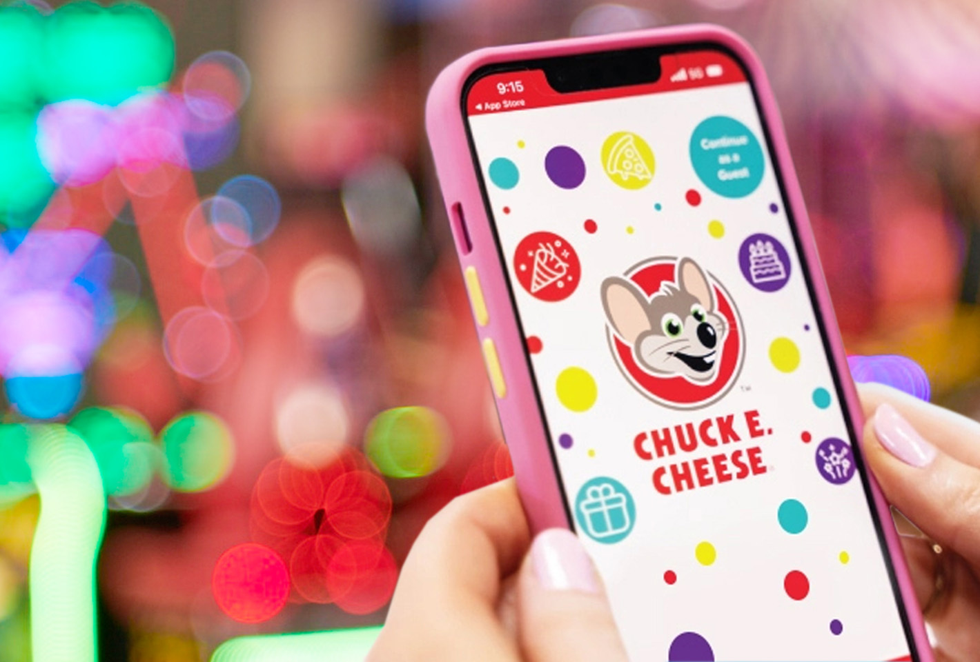 The Chuck E. Cheese app open on phone