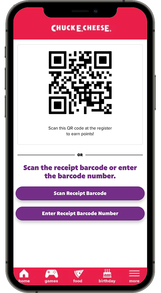 Receipt Barcode on the Chuck E. Cheese app