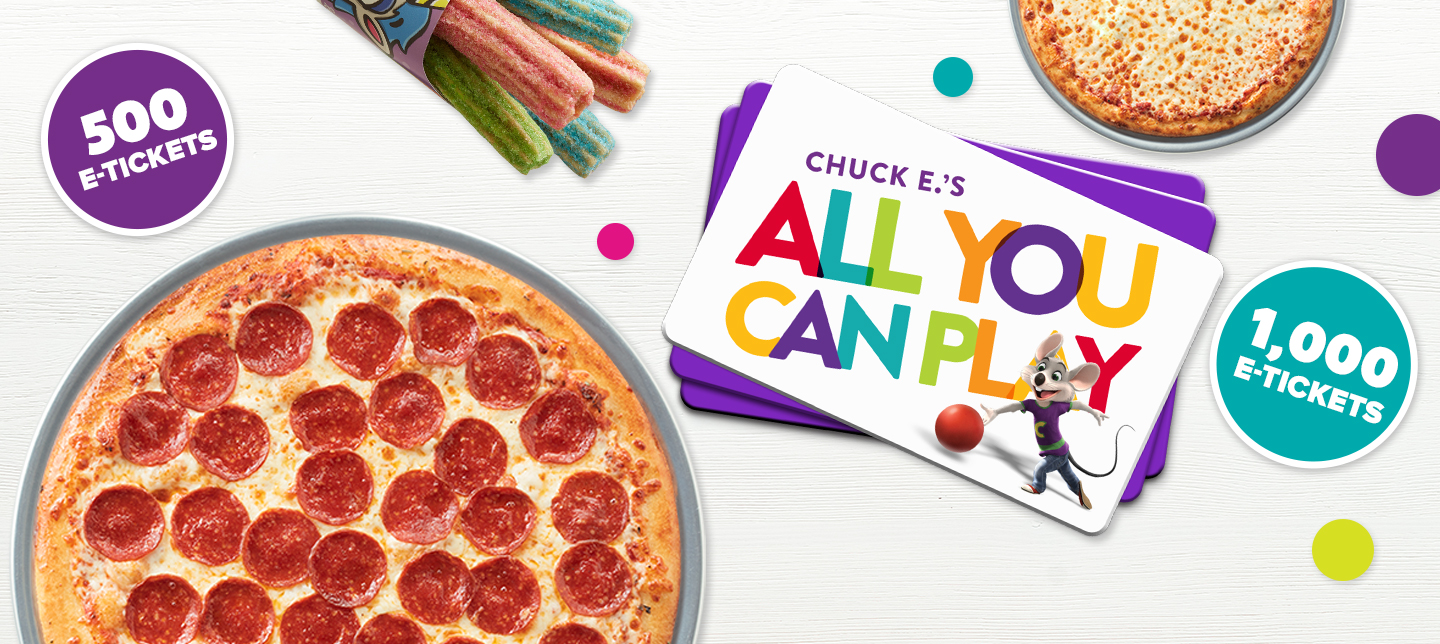 Rainbow churros, Pepperoni and cheese pizzas, all you can play cards. Earn 500 e-tickets. Earn 1000 e-tickets
