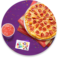 Pizza. fruit punch and an All You Can Play card