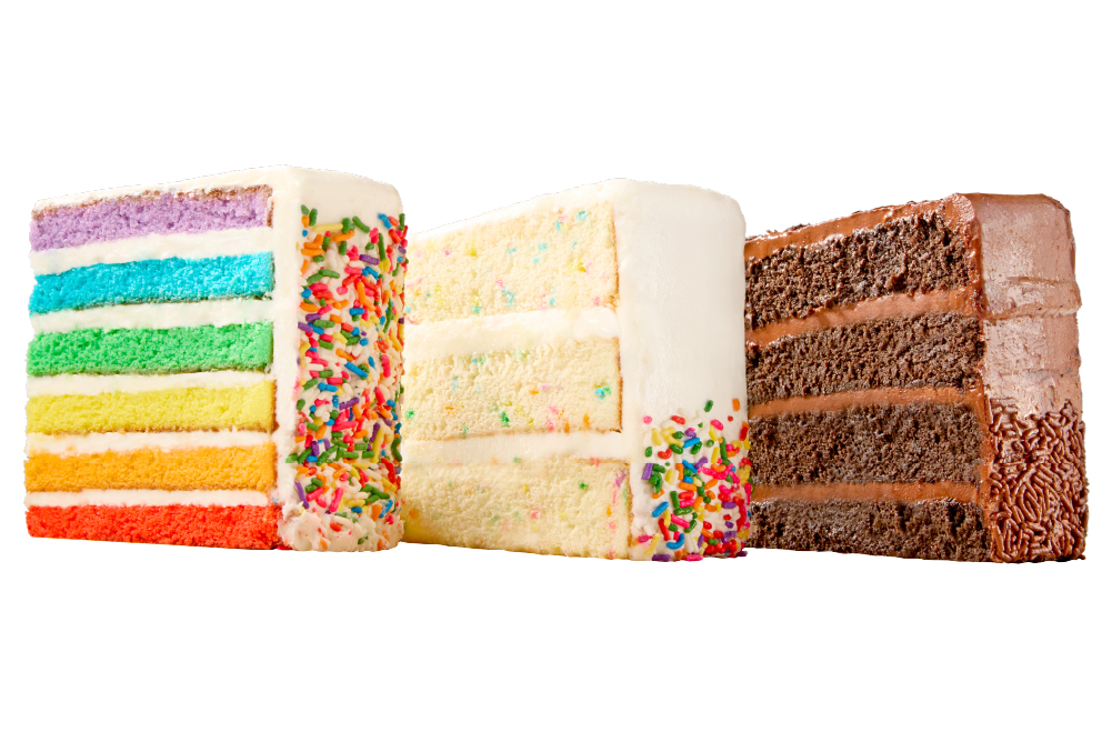 Buddy V's Cake Slice s: vanilla rainbow, confetti and chocolate fudge