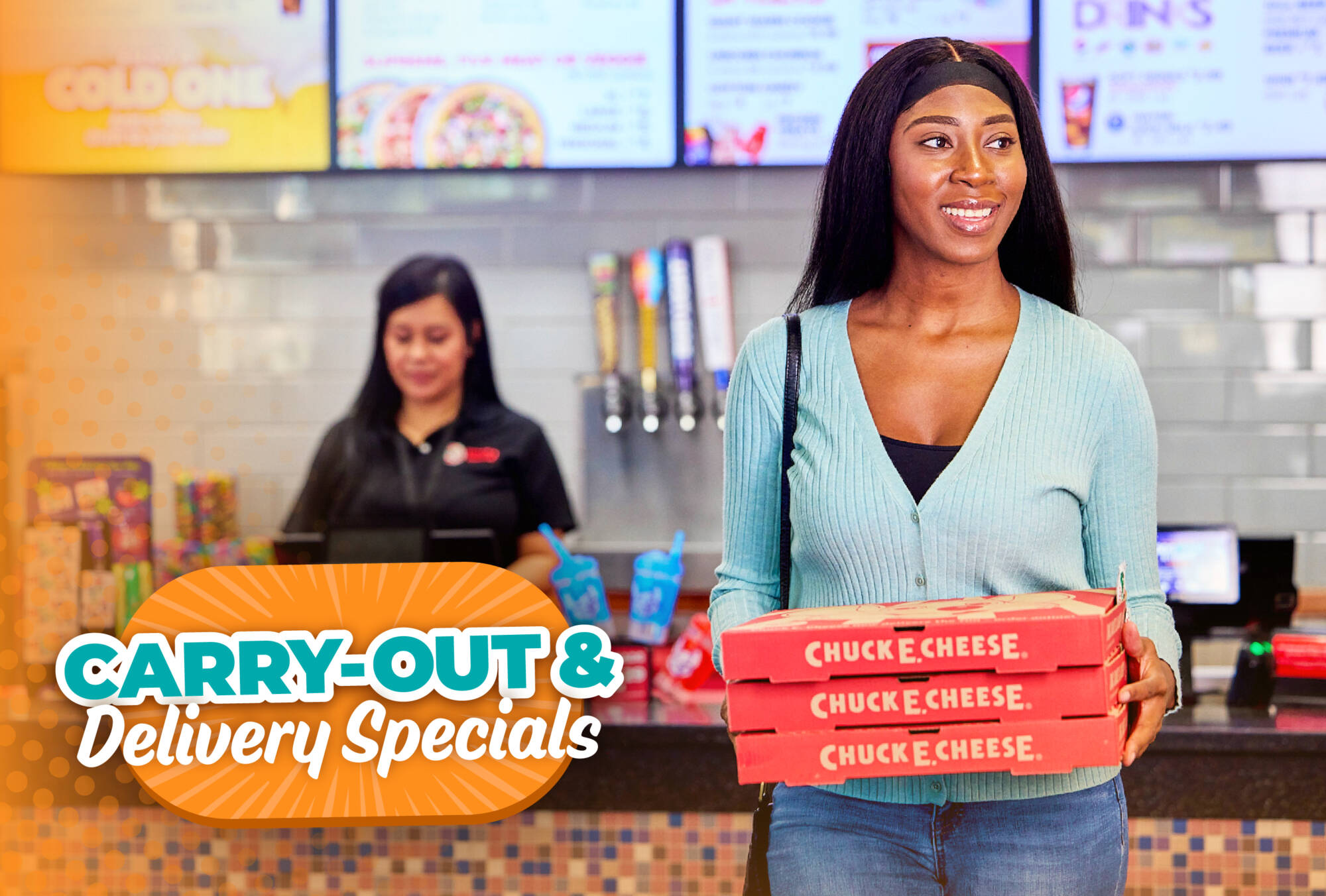 "Carry-Out & Delivery Specials" Lady carrying out three pizzas