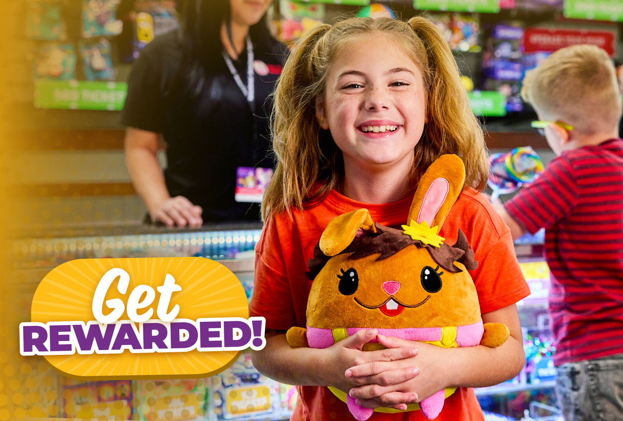 "Get Rewarded!" A kid enjoys her new Bella plush
