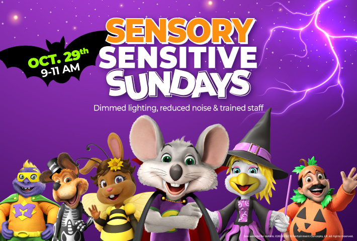 A graphic announcing Sensory Sensitive Sundays at Chuck E. Cheese with the whole band dressed in various costumes on a purple background with lightning and stars. 