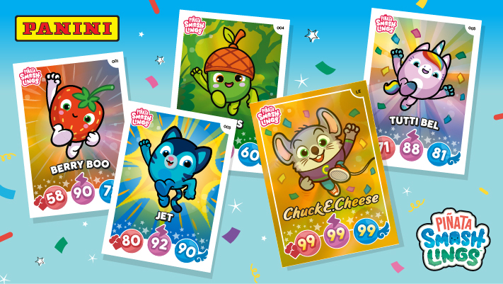 Panini trading cards shown with Chuck E. cheese and other characters