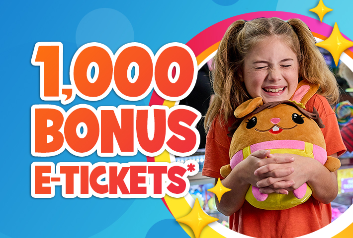Girl in a colorful circle surrounded by sparkles hugging a stuffed animal. Text reads 1,000 bonus e-tickets*