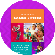 An invitation that reads "Join us for Games and Pizza" with a date on the bottom