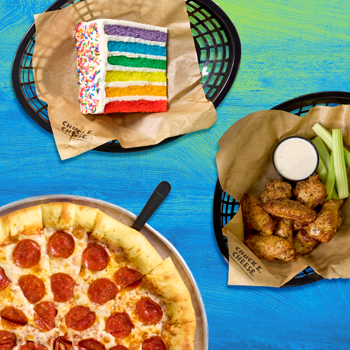 rainbow cake, pizza, and wings