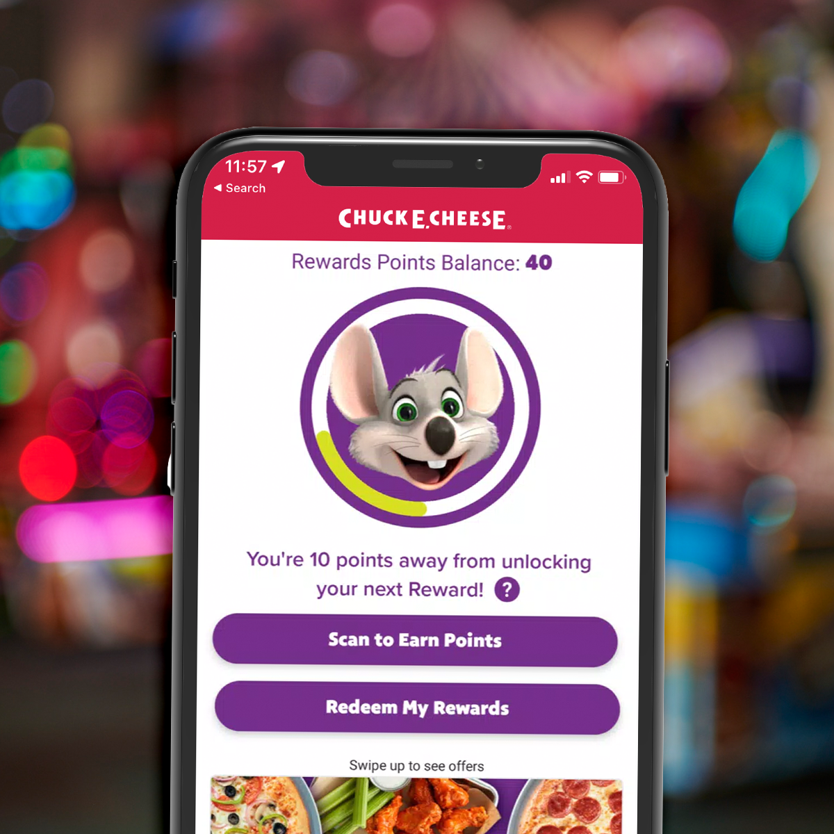phone with the chuck e cheese rewards app