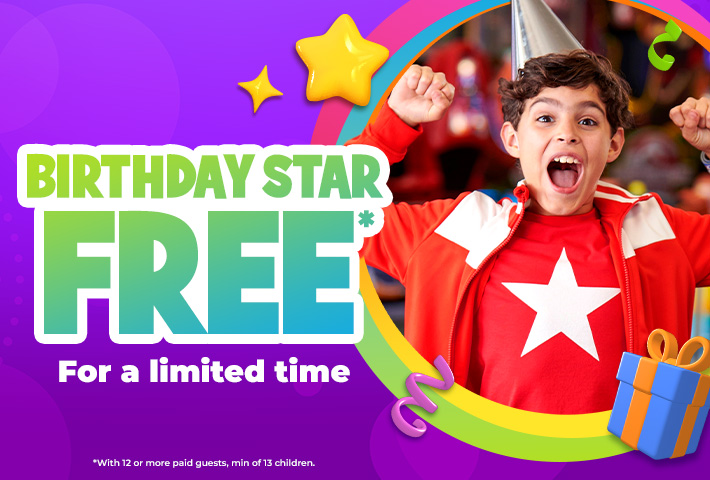Birthday Star Free* for a limited time. Birthday boy yelling next to the text in a red shirt with white star, red jacket and silver birthday cap