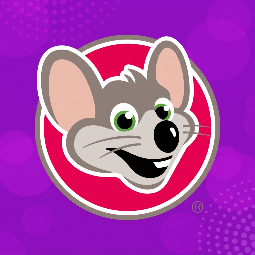Chuck E. Cheese cartoon mouse with gray fur, pink ears, green eyes on red circle; Fun Pass, kids birthday party, pizza and games.