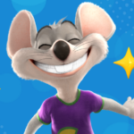 Character Chuck smiling with pointed stars and blue background