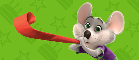Character Chuck E. blowing horn and green background.