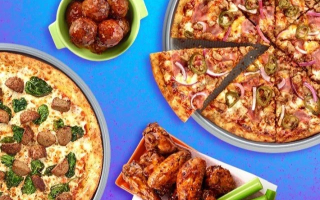 grown up menu featuring pizza, meatballs, and wings