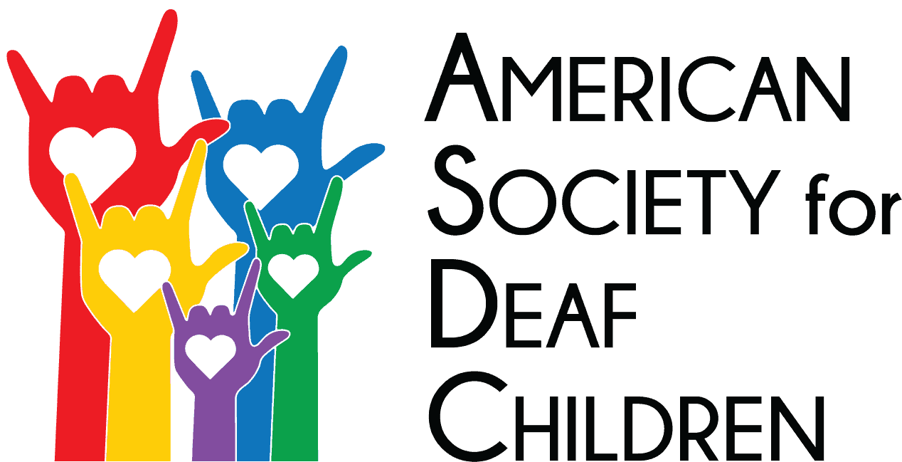 Four colorful hands sign "I love you" in ASL with heart cutouts; "American Society for Deaf Children" text. Kids entertainment at Chuck E. Cheese.