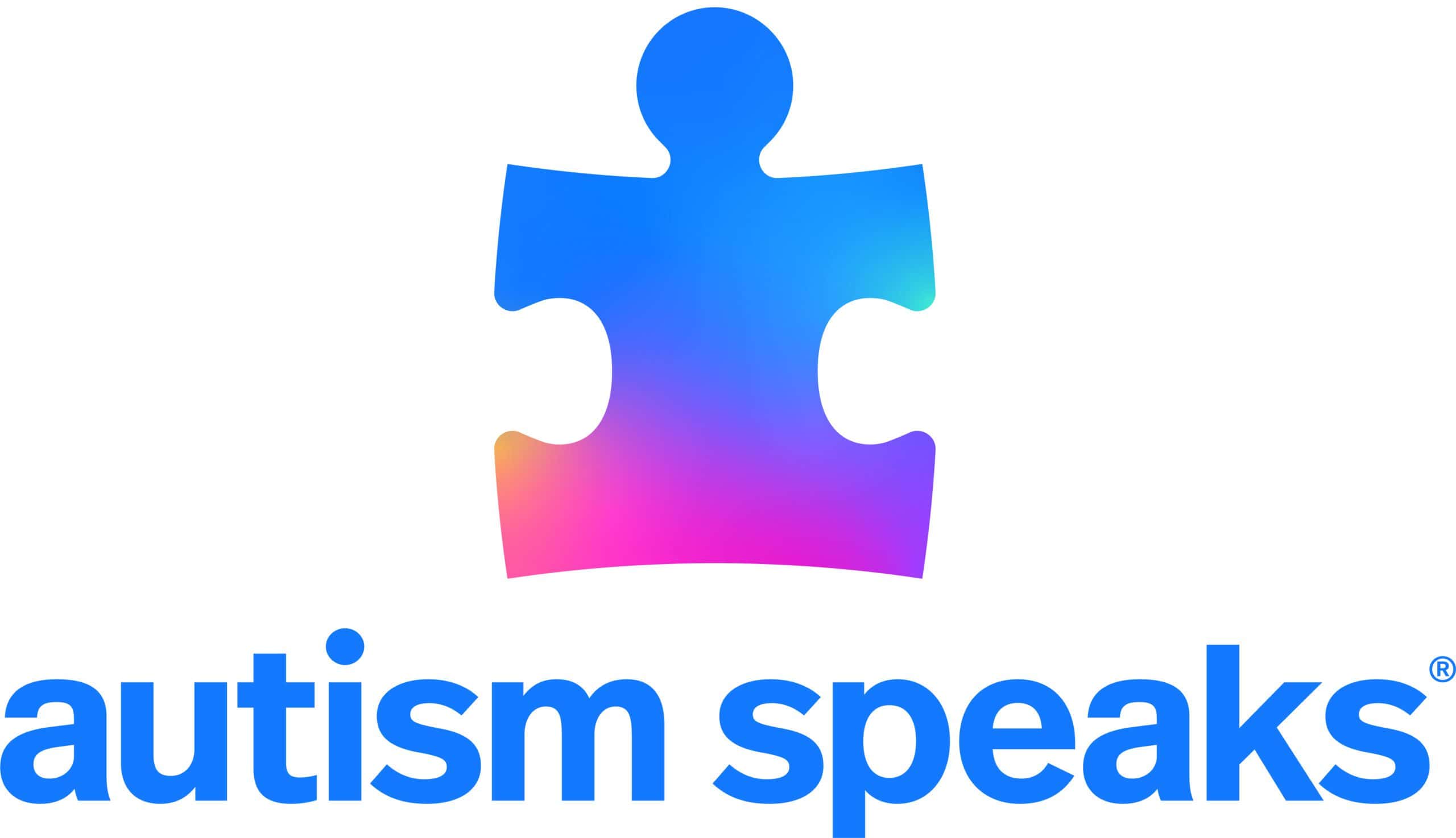 Blue puzzle piece with blue, purple, and pink gradient above "autism speaks" text; Chuck E. Cheese family fun center for kids.