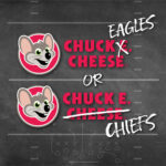 Chuck E. Cheese logos read Eagles and Chiefs, with a football play diagram in back; NFL theme for kids entertainment and arcade games.