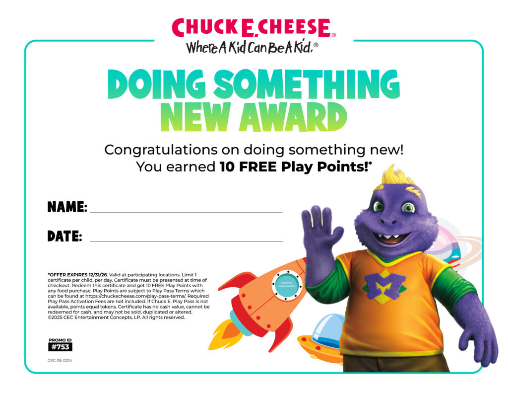Award certificate for Chuck E. Cheese