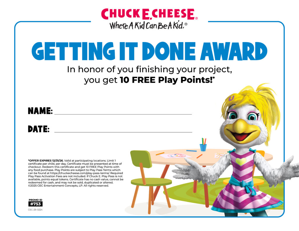 Chuck E. Cheese award certificate template
