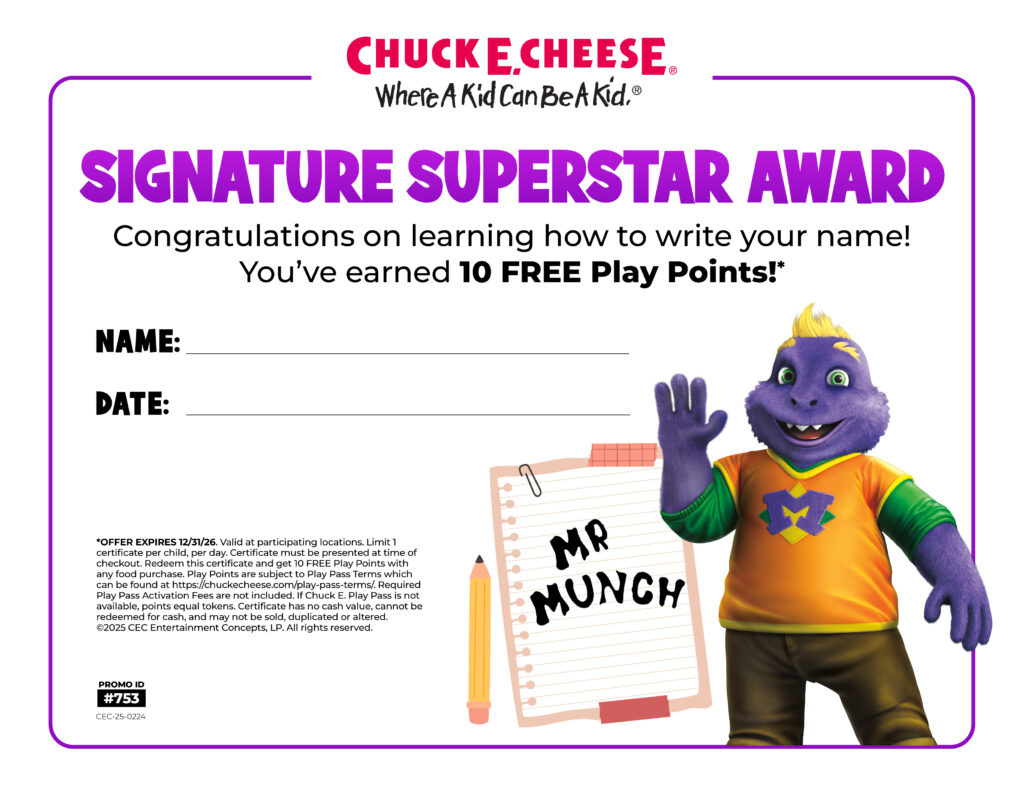 Chuck E. Cheese award for children.