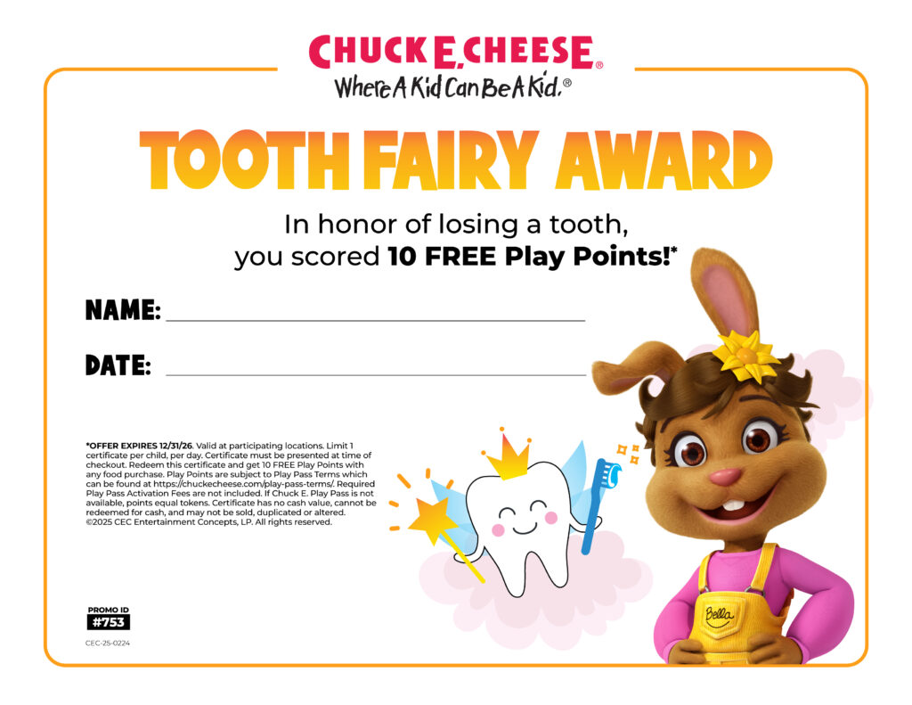 Tooth Fairy award certificate from Chuck E. Cheese