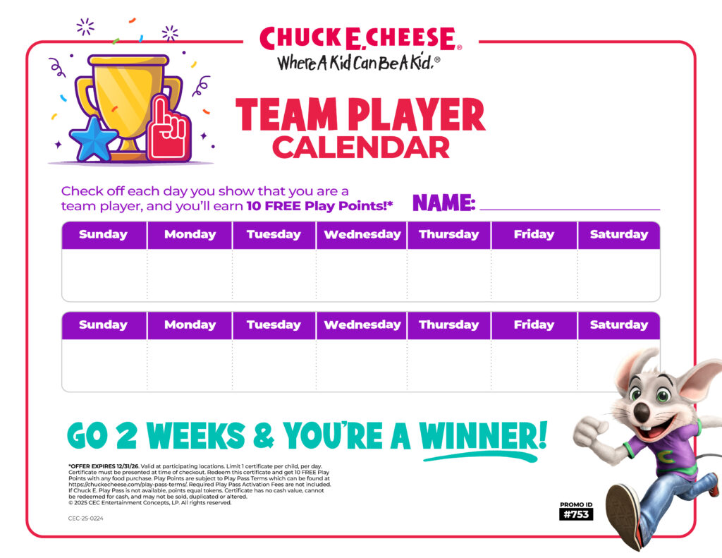 Team player calendar for kids.