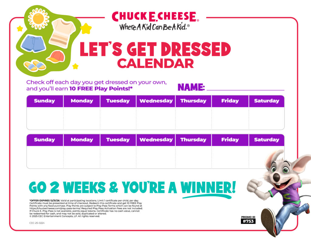 Let's get dressed calendar with 10 free play points
