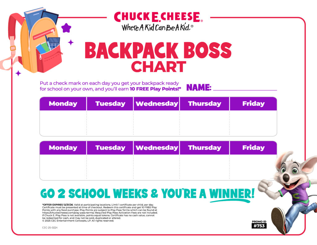 Backpack preparation reward chart for kids