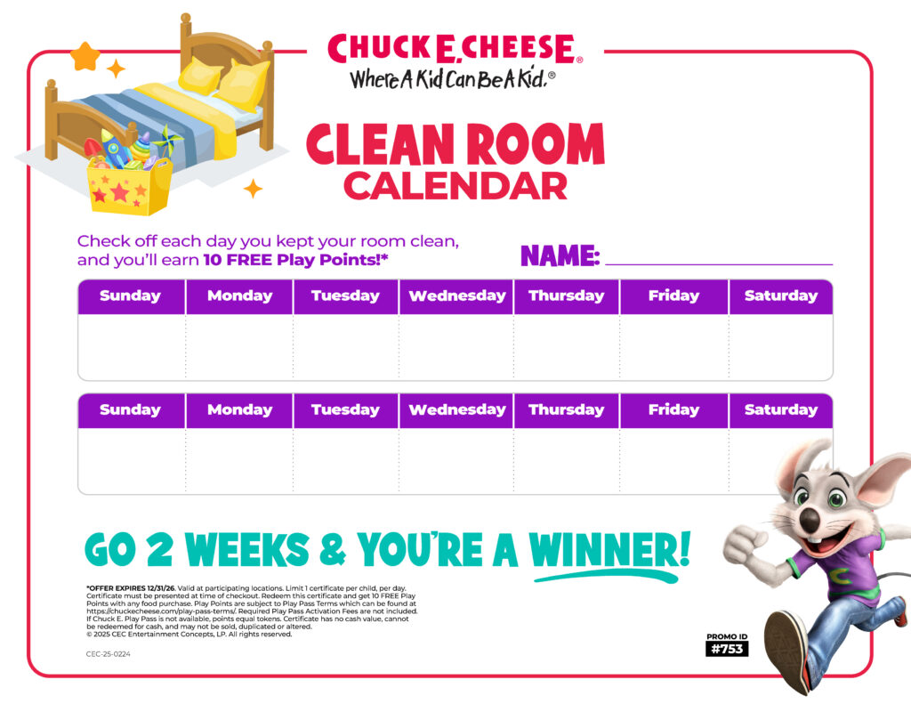 Chuck E. Cheese Clean Room Calendar for kids