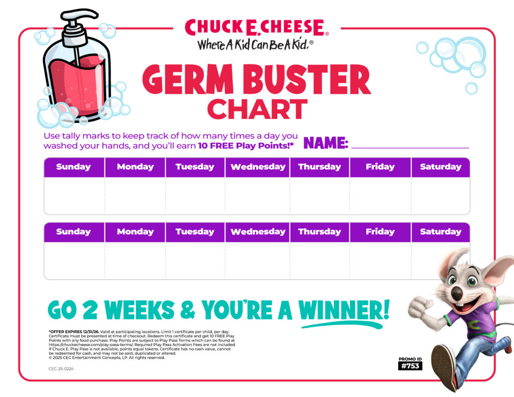 Chuck E. Cheese Germ Buster Chart tracks kids’ hand washing for two weeks