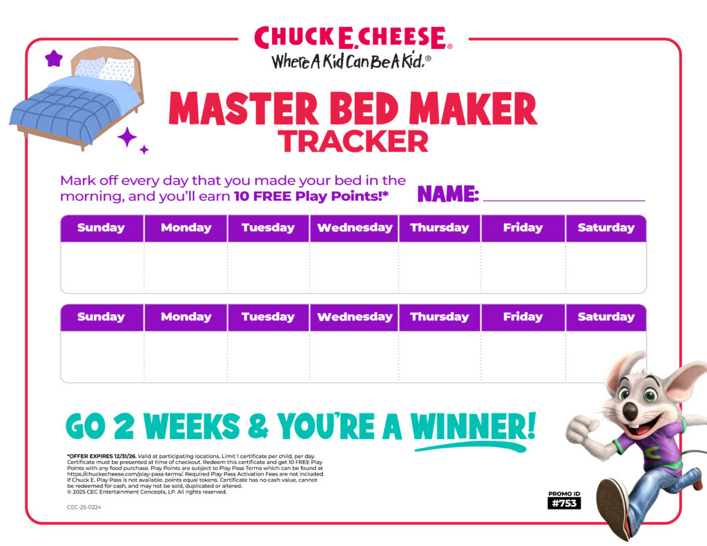 Chuck E. Cheese Master Bed Maker Tracker chart, 2-week checklists