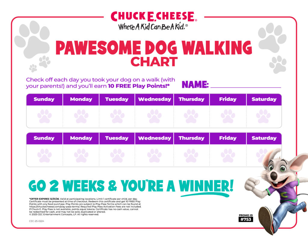 Colorful Chuck E. Cheese dog walking chart with paw prints & week checkboxes