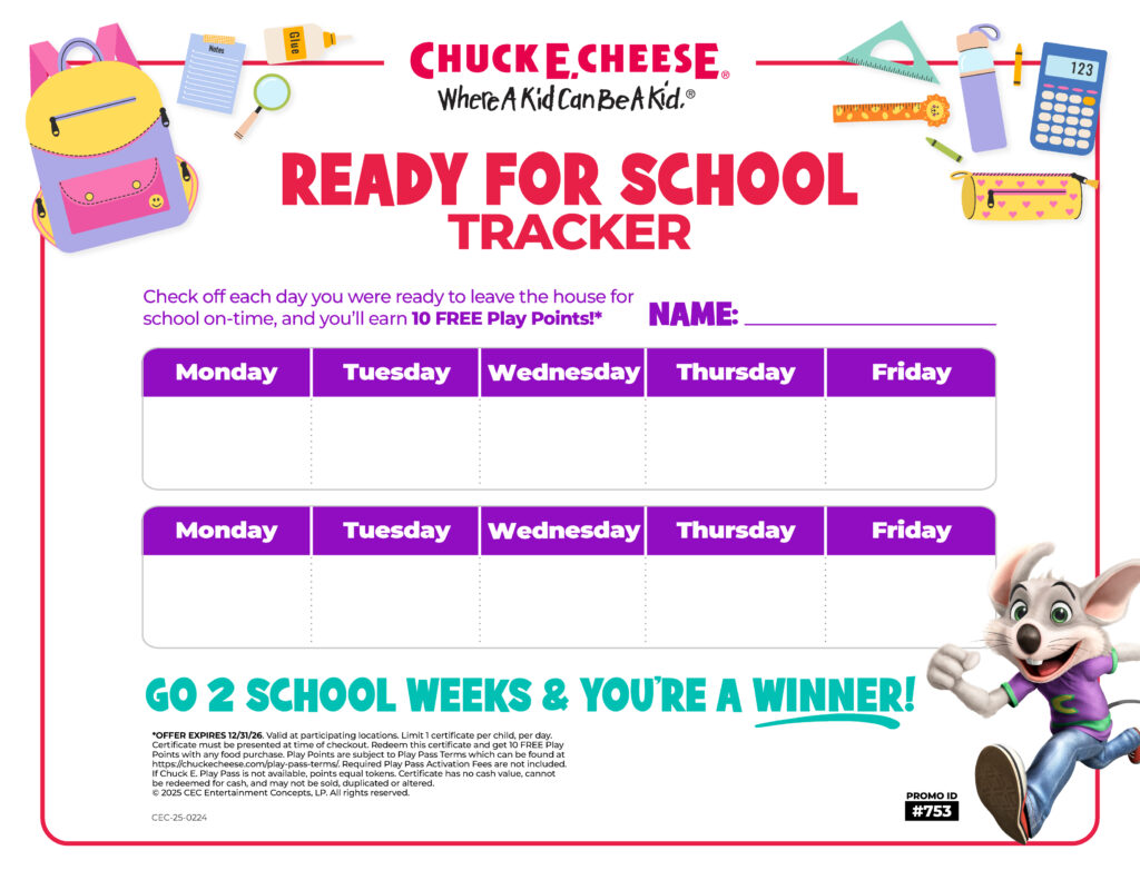 Chuck E. Cheese two-week school tracker chart