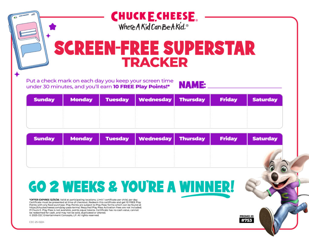 Chuck E. Cheese Screen-Free Superstar Tracker chart for two weeks.