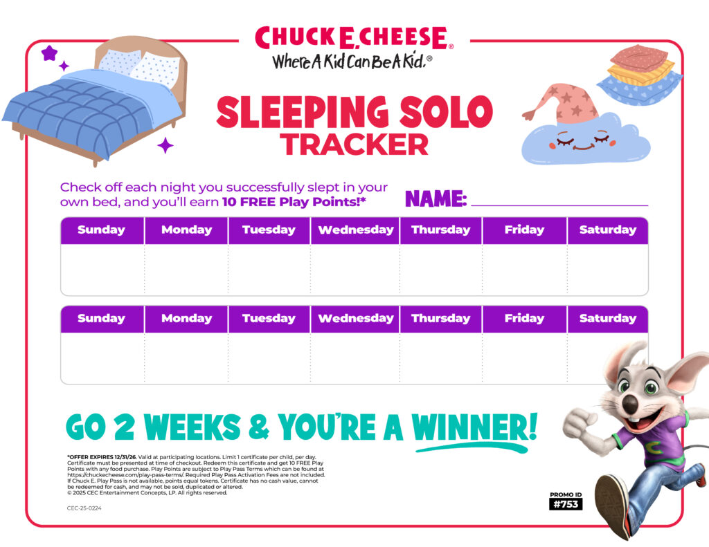 Chuck E. Cheese Sleeping Solo Tracker chart with two-week rows