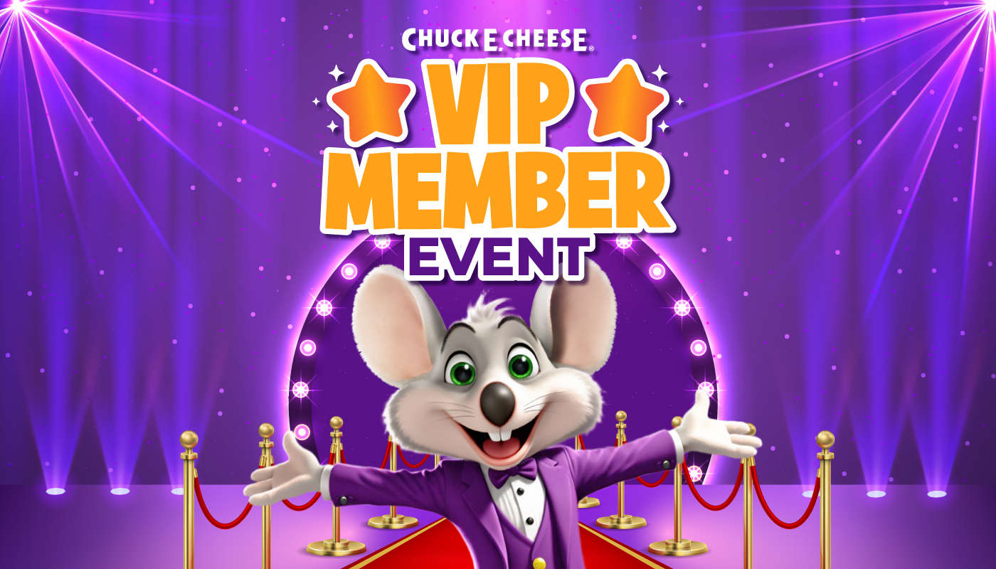 Chuck E. Cheese in purple tuxedo welcomes members to a VIP Fun Pass event with arcade games, pizza, and celebration.