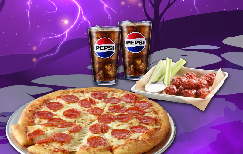 Pizza, wings, Pepsi, purple lightning background