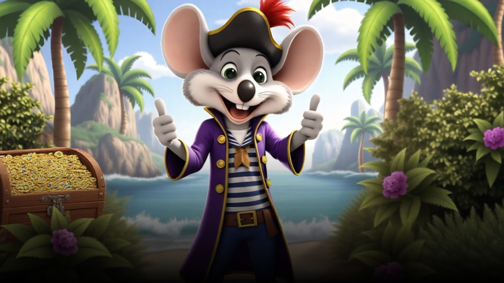 Mouse pirate with treasure and palms.