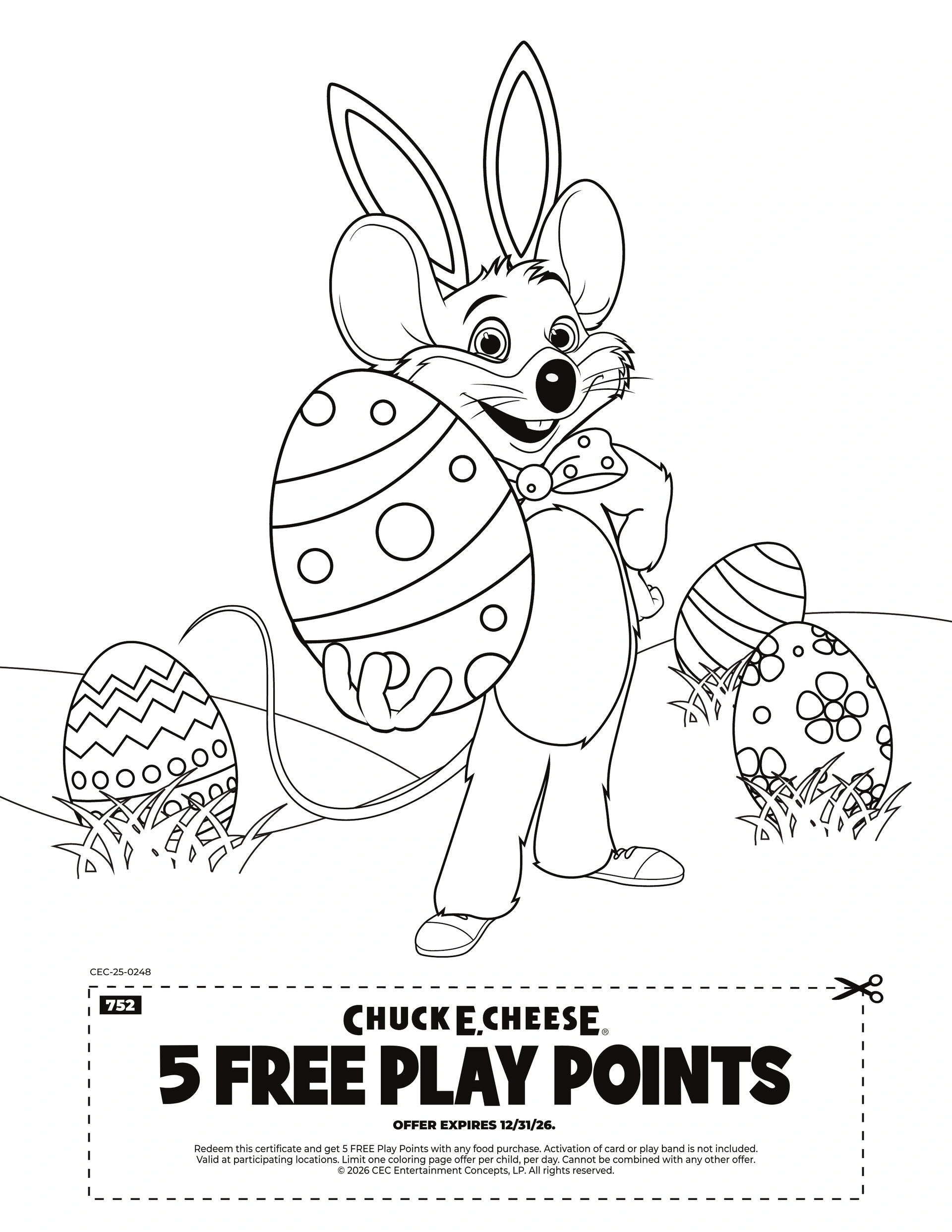 A cartoon Chuck E. in rabbit ears holds an Easter egg; three more eggs and a 5 Free Play Points coupon for arcade games below.