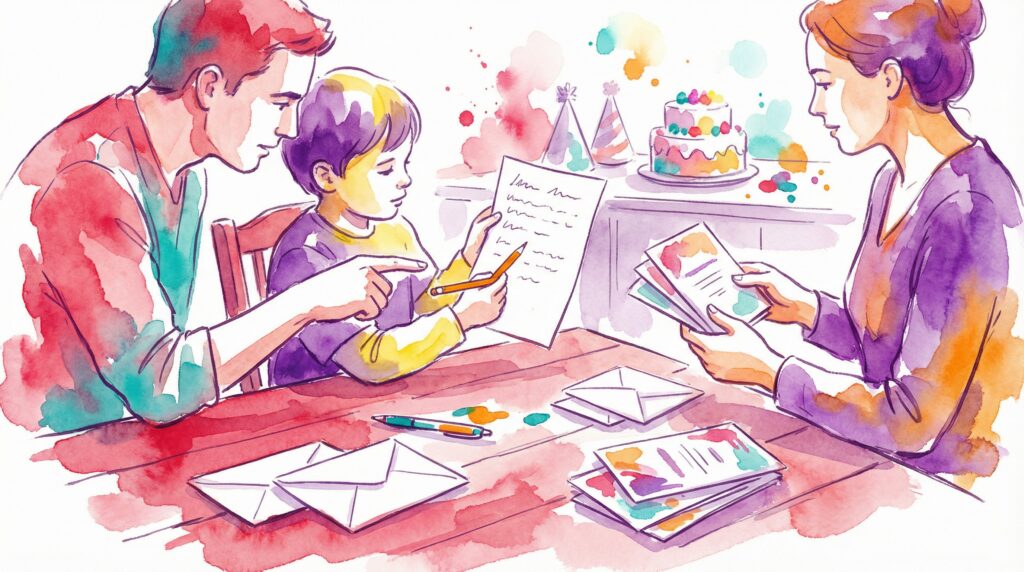 Parent and child deciding who to invite to a birthday party